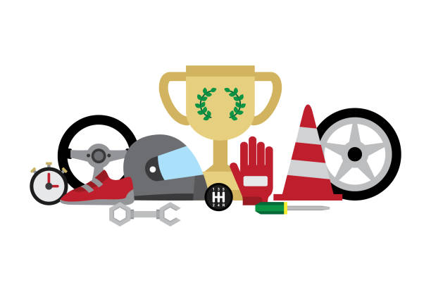 ilustraciones, imágenes clip art, dibujos animados e iconos de stock de iconos de carreras de motor - go cart sports race competition lane