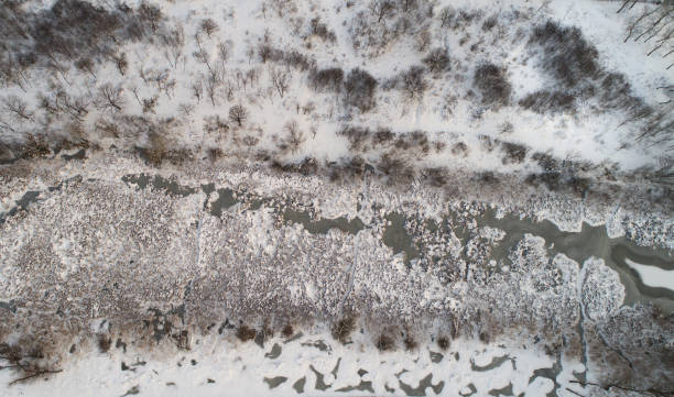 istock Aerial image of frozen river in forest 932758446