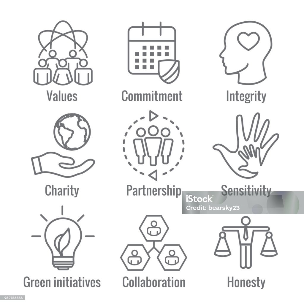 Social Responsibility Outline Icon Set with Honesty, integrity, collaboration, etc Social Responsibility Outline Icon Set with Honesty, integrity, & collaboration, etc Honesty stock vector