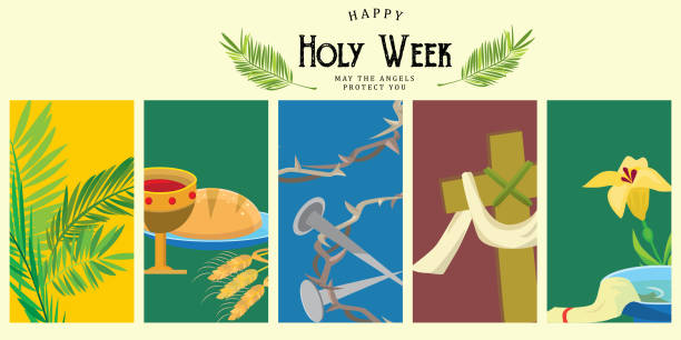 Set for Christianity holy week before easter, Lent and Palm or Passion Sunday, Good Friday crucifixion of Jesus and his death, Stations of Cross, God Last Supper Crown of thorns vector illustration Set for Christianity holy week before easter, Lent and Palm or Passion Sunday, Good Friday crucifixion of Jesus and his death, Stations of Cross, God Passion vector illustration lent stock illustrations