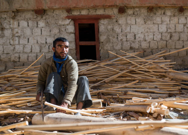 Leh Ladakh , India - August 6, 2015 : Man sawing a bamboo in Leh Ladakh, India