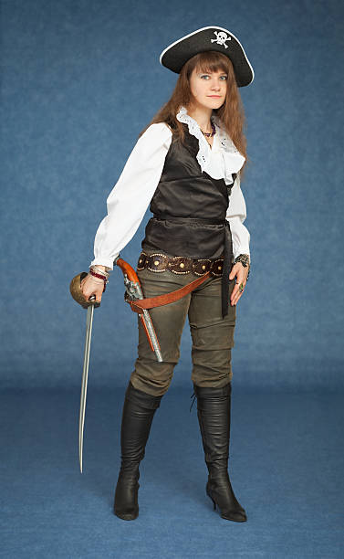 istock Pirate girl with sabre on blue background 93276486