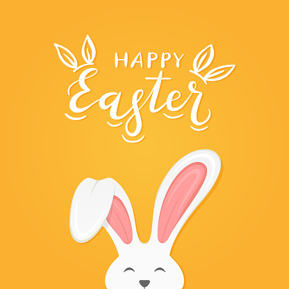 Cute Easter rabbit with ears and lettering Happy Easter on orange background, illustration.