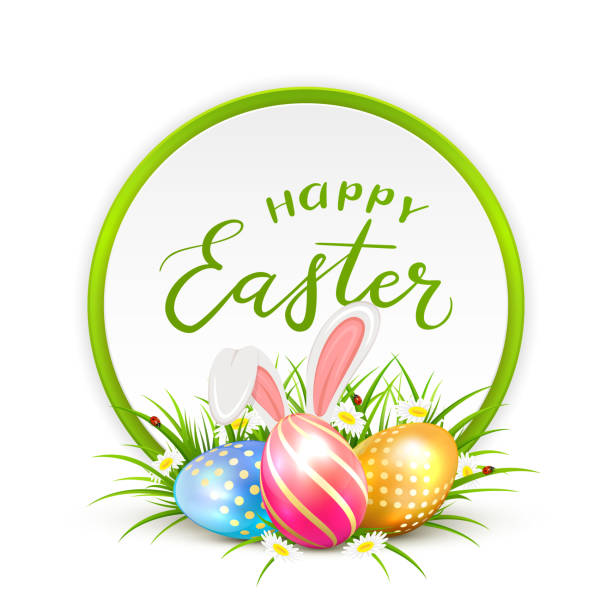 ilustrações de stock, clip art, desenhos animados e ícones de card and easter eggs with rabbit ears in grass - red easter blue frame