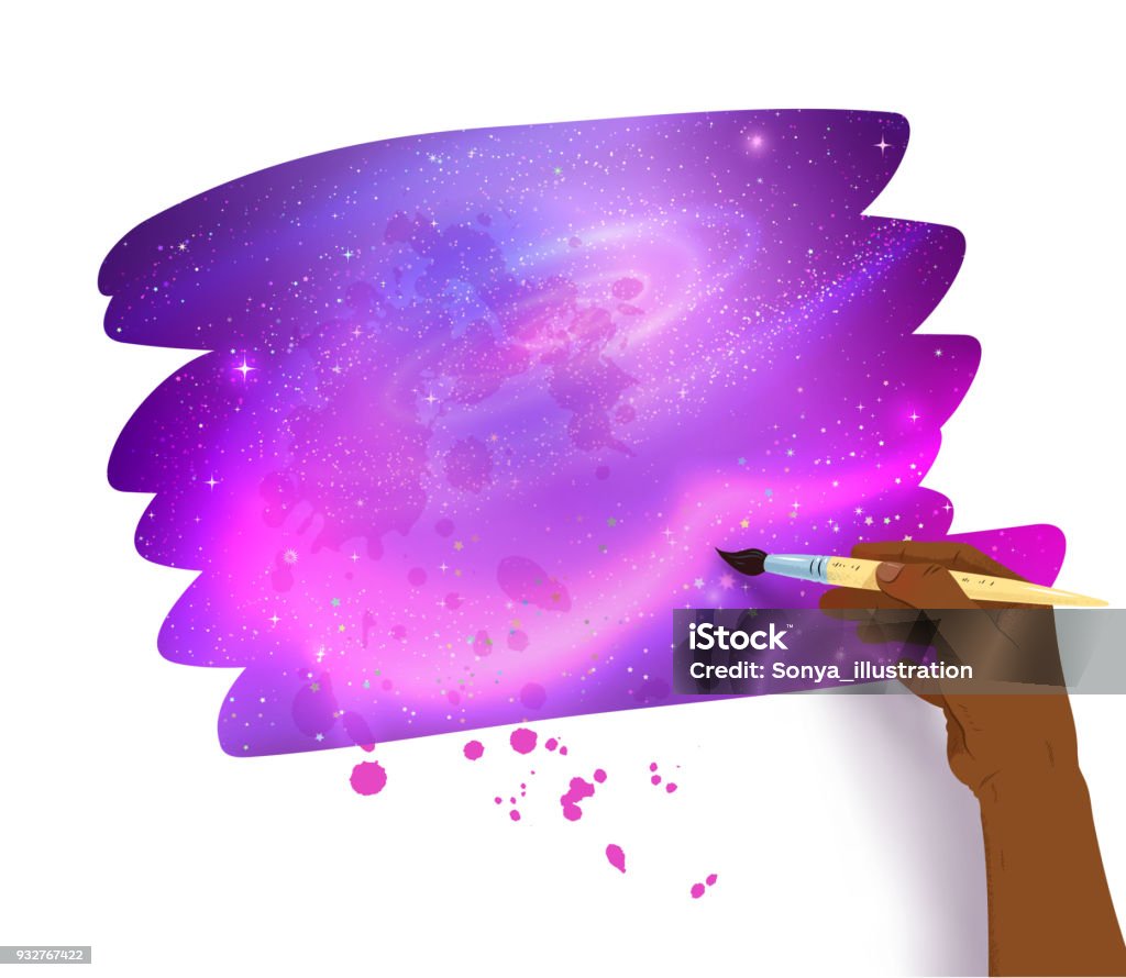 scribble banner with outer space inside Vector illustration of scribble banner with outer space inside and african american female hand painting with brush. African-American Ethnicity stock vector