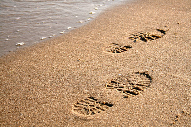 huellas en la arena - sand footprint track following fotografías e imágenes de stock