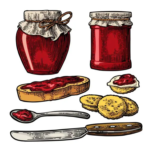 Vector illustration of Jar with packaging paper, spoon, knife and slice of bread with jam.