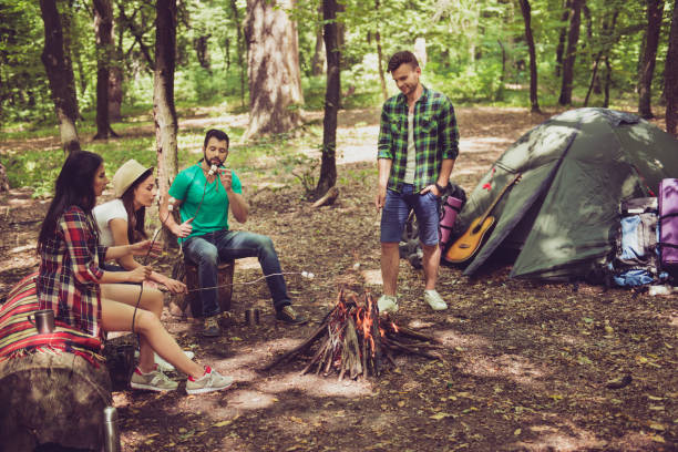 istock Camping, four happy friends are sitting around the fire, roasting the marshmallows, nice sunny day in the forest 932774860