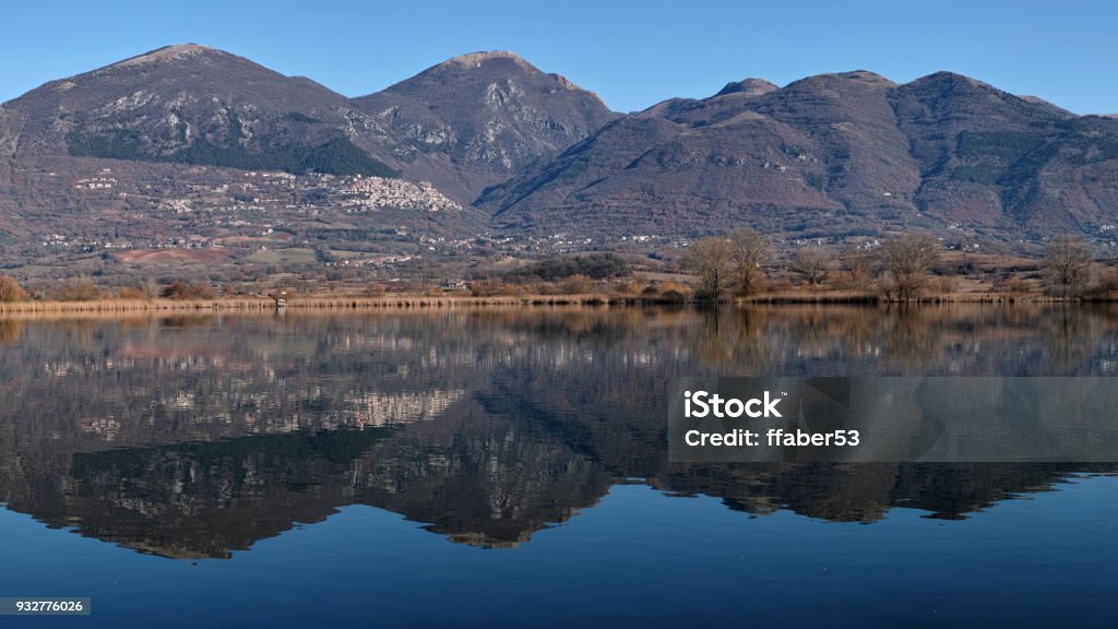 reflections, lake Long, massif of Terminillo and Poggio Bustone part of the massif of Terminillo with the country of Poggio Bustone reflections from the lake Lungo Simi Valley Stock Photo