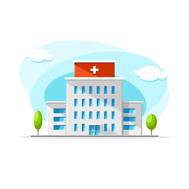 istock Flat vector modern hospital building from concrete colorful illustration. City house, apartment, residential object on isolated white background 932779030