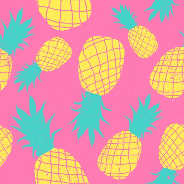 Vector illustration of Vector seamless pineapple fruit crazy colors pattern. Very bright colorful cute cartoon background wallpaper, fabric . Childish style, abstract pop art on pink. Grunge texture trendy style.