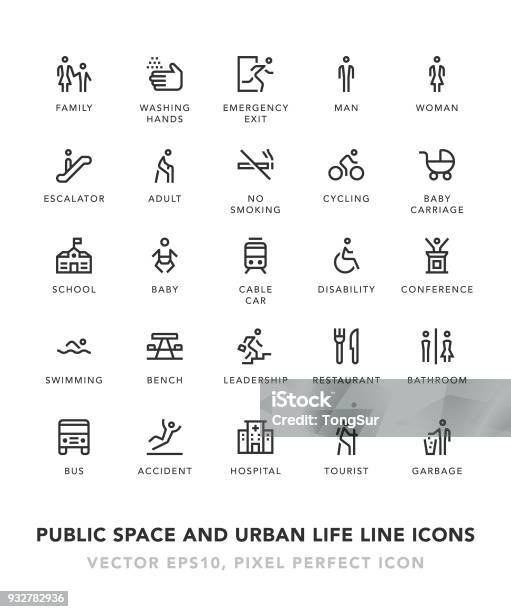 Public Space And Urban Life Line Icons Stock Illustration - Download Image Now - Icon Symbol, Bathroom, Symbol