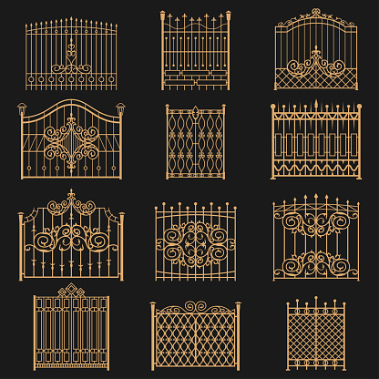 Wrought iron gate. Elegant barrier fence, or hedge for park, house, entrance or an opening for passage through a wall. Vector flat style cartoon illustration isolated on black background