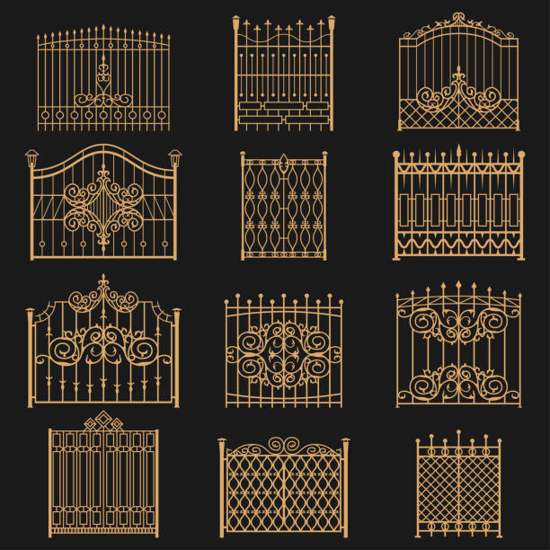 Wrought iron gate Wrought iron gate. Elegant barrier fence, or hedge for park, house, entrance or an opening for passage through a wall. Vector flat style cartoon illustration isolated on black background gate stock illustrations