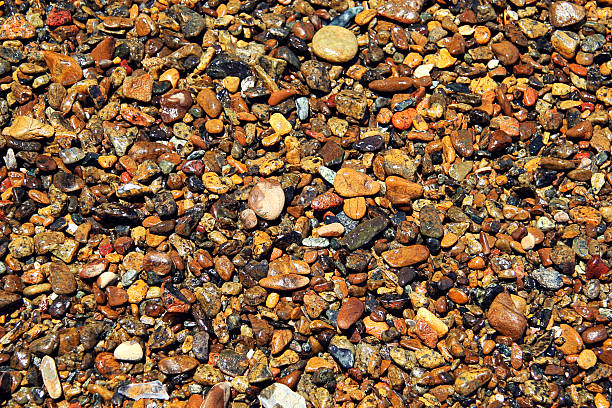 Wet beach pebbles under sunshine stock photo