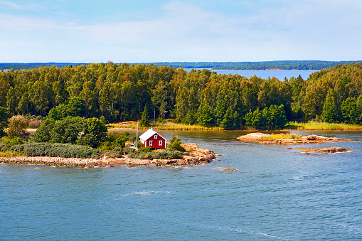 Seascape of Aland Islands archipelago at the end of summer, view from cruise ship.