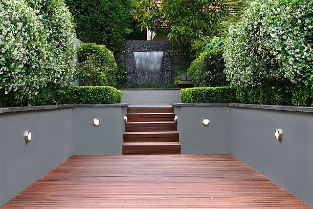 Garden with lights and wooden stairs in Sydney  deck stock pictures, royalty-free photos & images