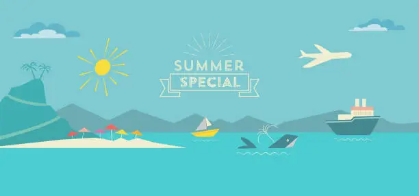 Vector illustration of flat polygonal summer landscape illustration with whale and ships on sea