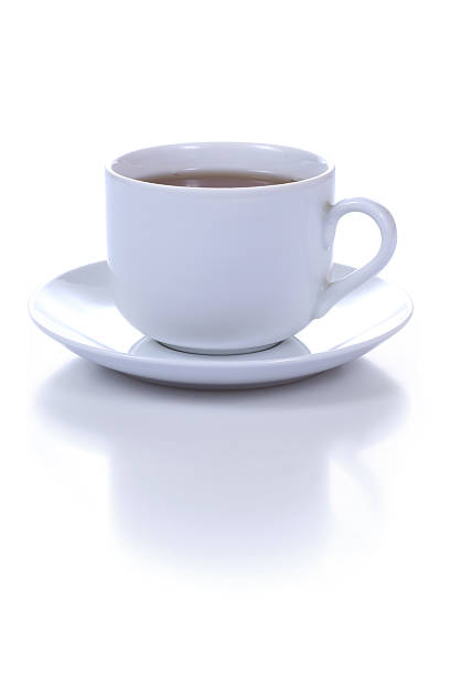 istock Plain white cup of coffee and saucer on white background 93281645