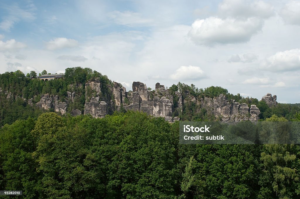 Bastei rock, Saxon Switzerland Bastei rock, Saxon Switzerland, gremany, blue sky with white clouds, foreground with green forest, elbsandsteingebirge Blue Stock Photo