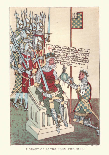 ilustrações, clipart, desenhos animados e ícones de reciving senhor medieval uma concessão das terras do rei - feudalism