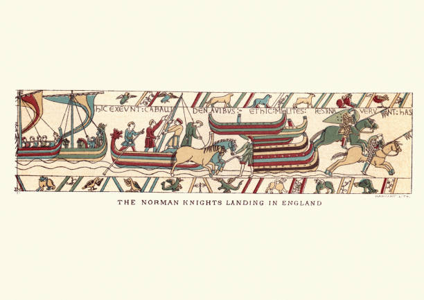 Bayeux Tapestry showing Norman knights landing in England, 1066 Vintage engraving of a scene from the Bayeux Tapestry showing Norman knights landing in England norman style stock illustrations