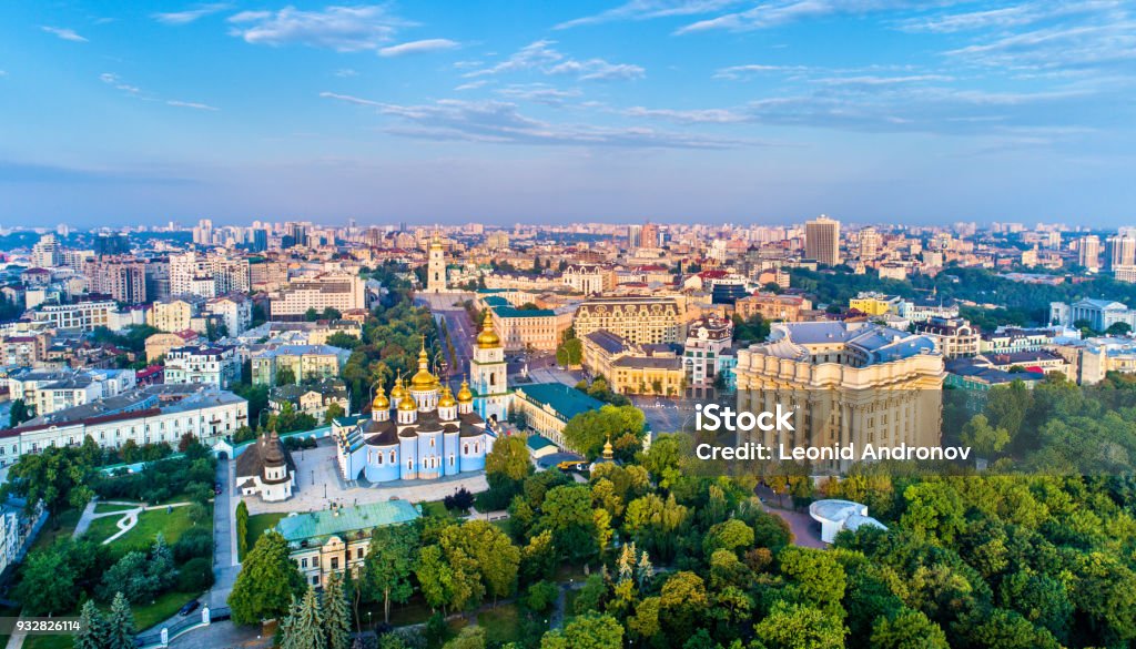 Aerial panorama of St. Michael Golden-Domed Monastery, Ministry of Foreign Affairs and Saint Sophia Cathedral in Kiev, Ukraine Aerial panorama of St. Michaels Golden-Domed Monastery, Ministry of Foreign Affairs and Saint Sophia Cathedral in Kiev - Ukraine Ukraine Stock Photo