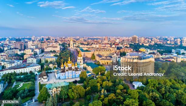 Aerial Panorama Of St Michael Goldendomed Monastery Ministry Of Foreign Affairs And Saint Sophia Cathedral In Kiev Ukraine Stock Photo - Download Image Now