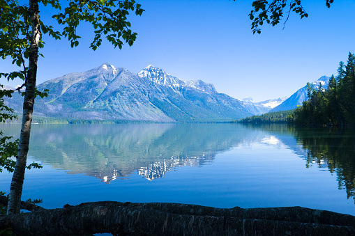 Canadian Rockies Jasper National Park landscape background. Athabasca River, Whistlers Peak nature scenery in late spring to summer. Alberta, Canada.