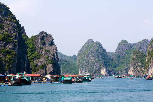 Floating fishermen village on Halong bay