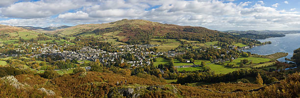 Ambleside and Waterhead Panorama in the Lake District stock photo
