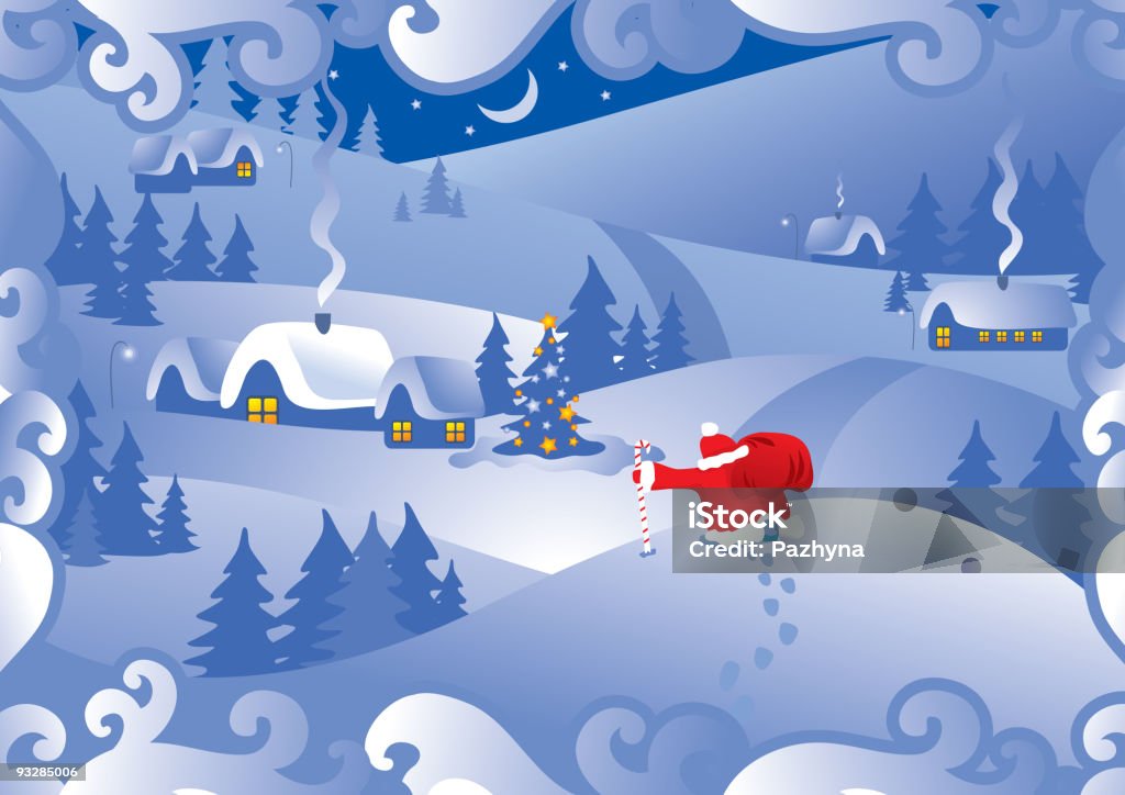 Рождественская ночь village - Векторная графика Санта Клаус роялти-фри