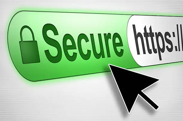 Cursor pointing to a secure web browser connection via https. The browser address bar is the primary focal point of the image. The "secure" status is displayed via a green lock and "secure" label.