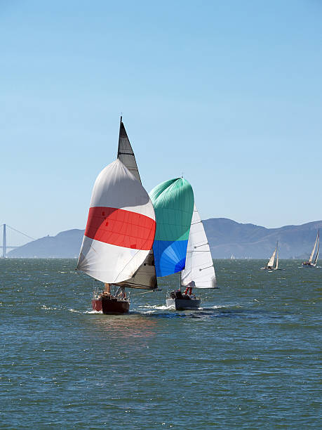 istock Sailboats running under spinnaker sails on bay 93286481