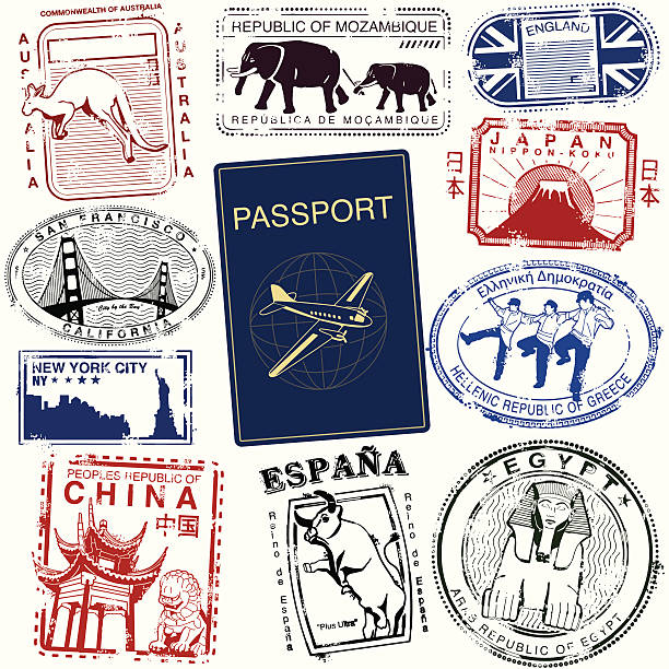 podróż znaczki na całym świecie - japan spain stock illustrations