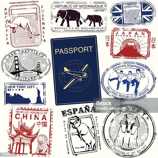 Путешествие Марки Всему Миру — стоковая векторная графика и другие изображения на тему Печать в паспорте - Печать в паспорте, Резиновая печать, Япония