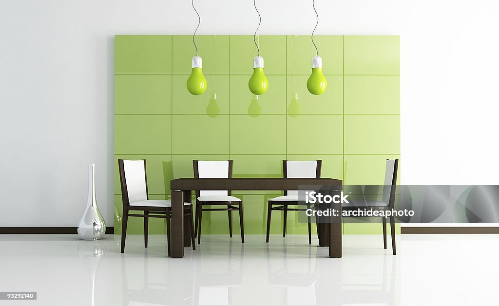 green  modern dining room  with wooden table  Chair Stock Photo