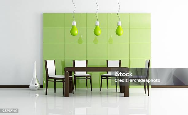 Green Modern Dining Room With Wooden Table Stock Photo - Download Image Now - Chair, Chandelier, Color Image