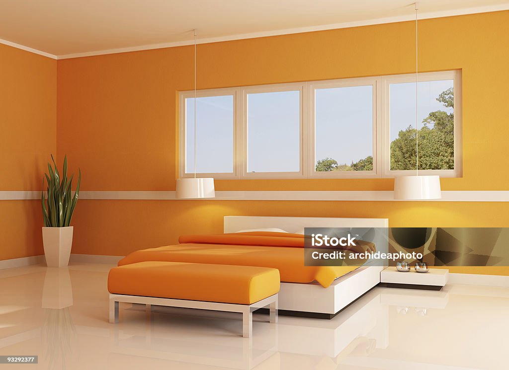 modern orange bedroom  Apartment Stock Photo