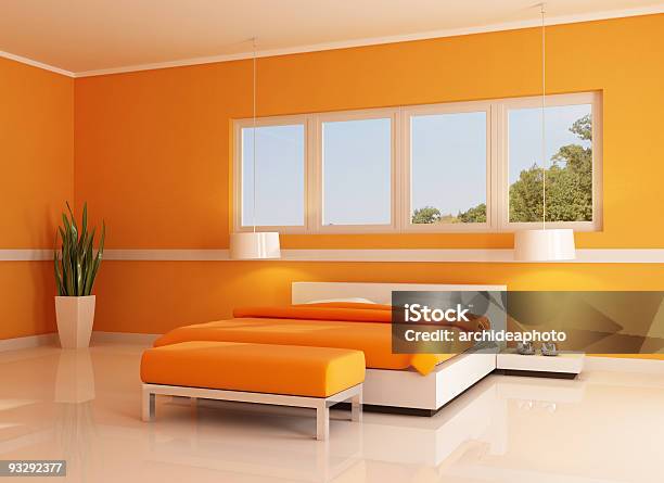 Modern Orange Bedroom Stock Photo - Download Image Now - Apartment, Bed - Furniture, Bedroom