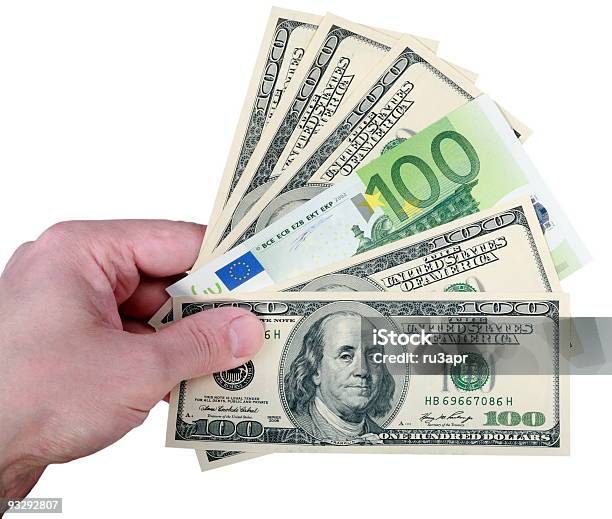 Hand Mit Dollar Und Euro Auf Weißem Hintergrund Stockfoto und mehr Bilder von 1-Cent-Stück - 1-Cent-Stück, 100-Dollar-Schein, Amerikanische Geldmünze