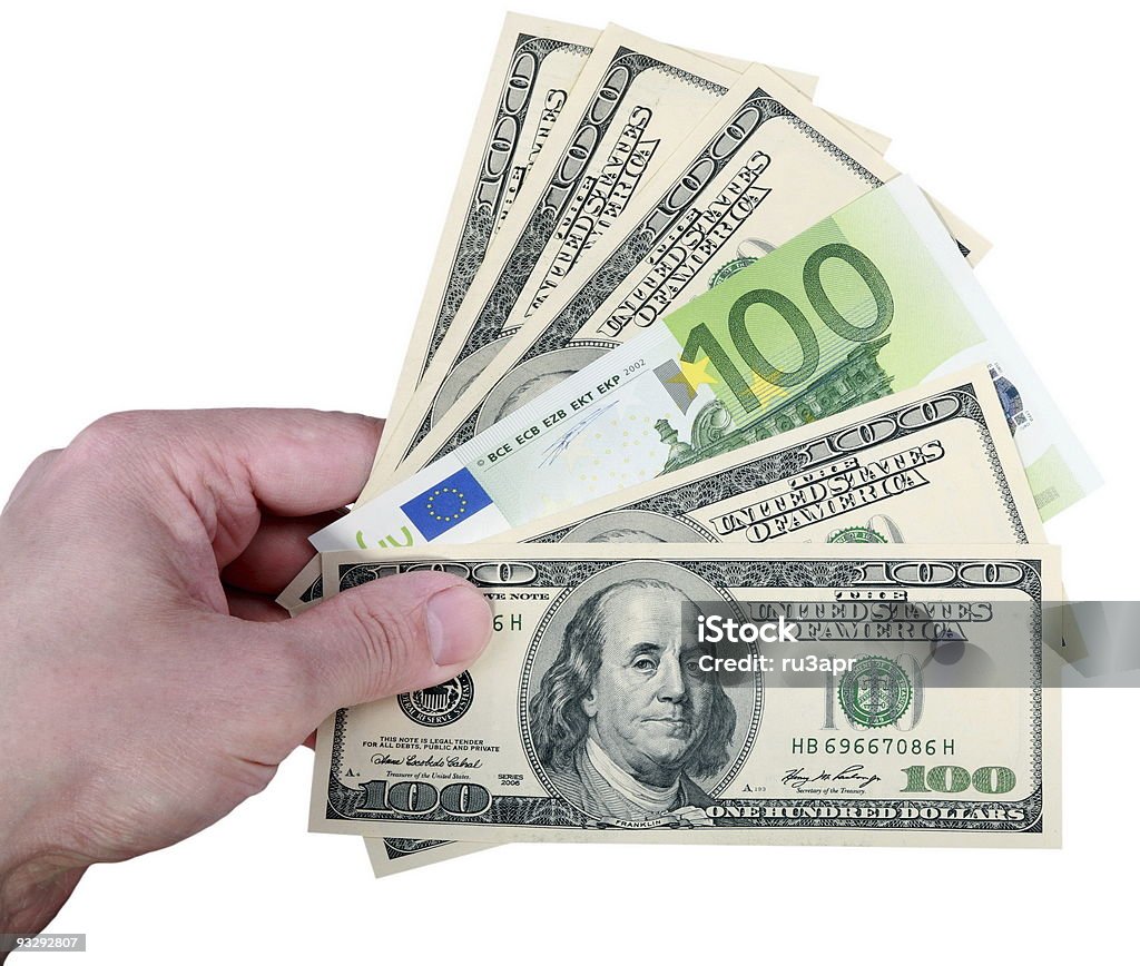 Mão com o dólar e euro em fundo branco - Foto de stock de Adulto royalty-free