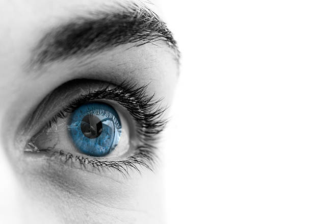 Blue eye Close-up of a beautiful blue eye, partially desaturated in PS image focus technique stock pictures, royalty-free photos & images