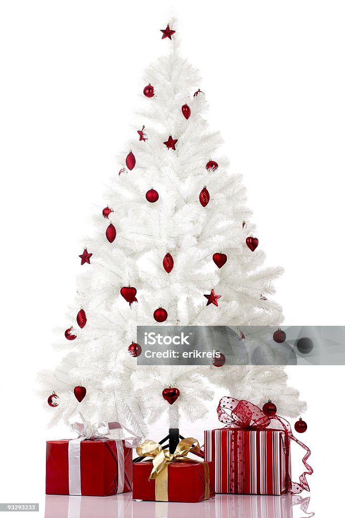 Christmas Tree Christmas white tree and gifts over a white background Branch - Plant Part Stock Photo