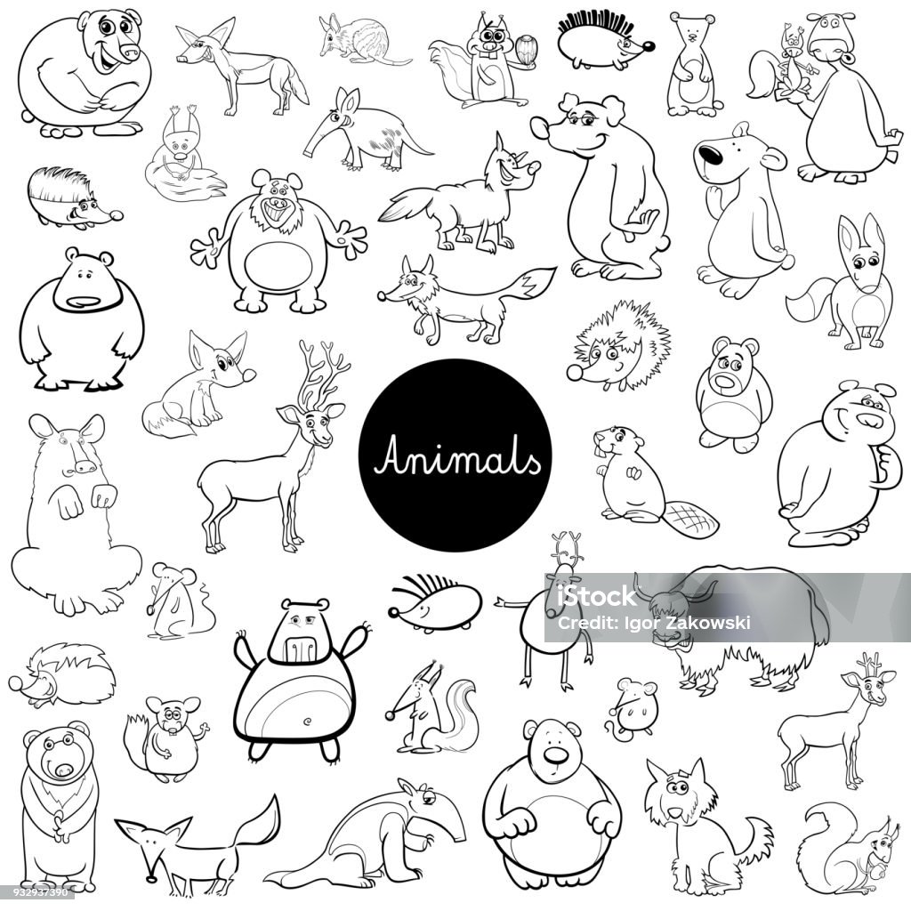 cartoon wild animal characters set color book Black and White Cartoon Illustration of Wild Mammals Animal Characters Huge Set Coloring Book Black Bear stock vector