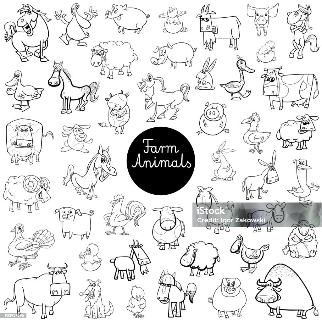 farm animal characters set color book Black and White Cartoon Illustration of Funny Farm Animal Characters Huge Set Coloring Book Coloring stock vector