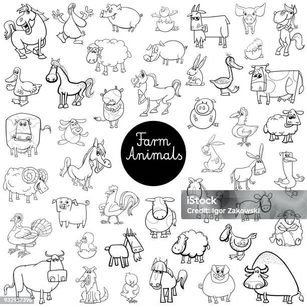 Farm Animal Characters Set Color Book Stock Illustration - Download Image Now - Coloring, Rabbit - Animal, Drawing - Art Product
