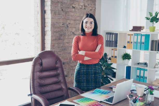 istock Colormap success technology modern renovation interior arms tone sketch rainbow draw paint student image professional person people expert employment concept. Smart pretty designer is at workstation 932956784