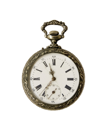 Old pocket mechanical watch isolated on black background. Pocket watch with antique accessory, vintage still life.
