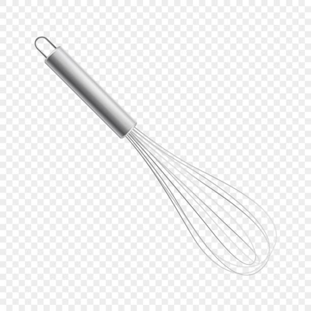 Vector realistic 3D metal wire steel whisk icon closeup isolated on transparency grid background. Cooking utensil, egg beater. Design template for graphics, mockup.